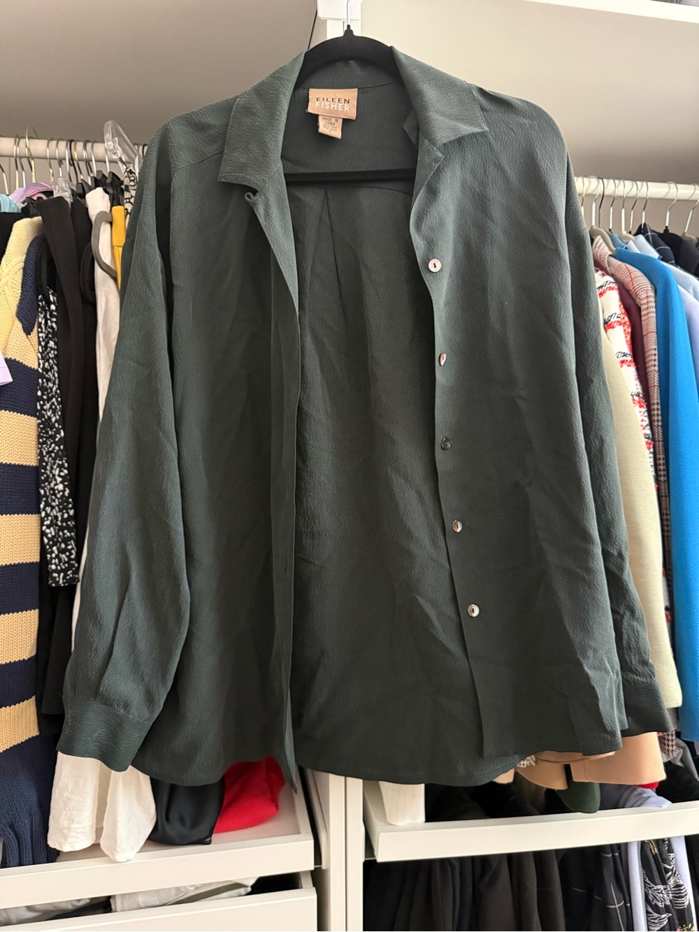 Eileen Fisher Silk Dark Green Button Front Blouse